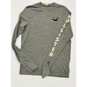 Men's Hollister Gray Long Sleeve Tee Medium with Red Logo and Sleeve Lettering